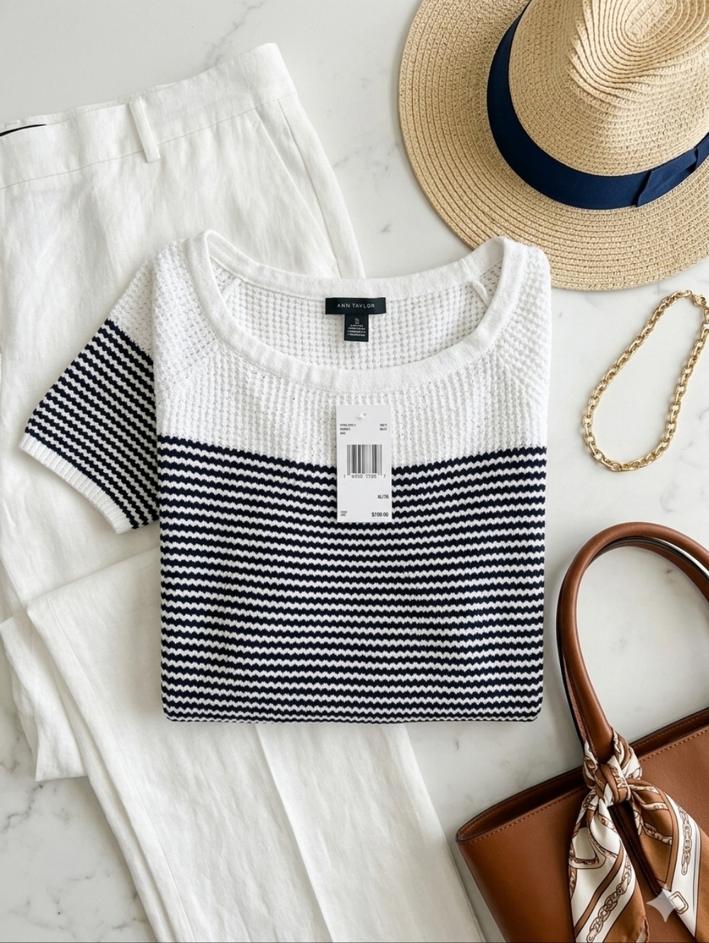 Ann Taylor Size XL Navy Striped Boat Neck Knit Top CBK 90s Minimalist CBT New